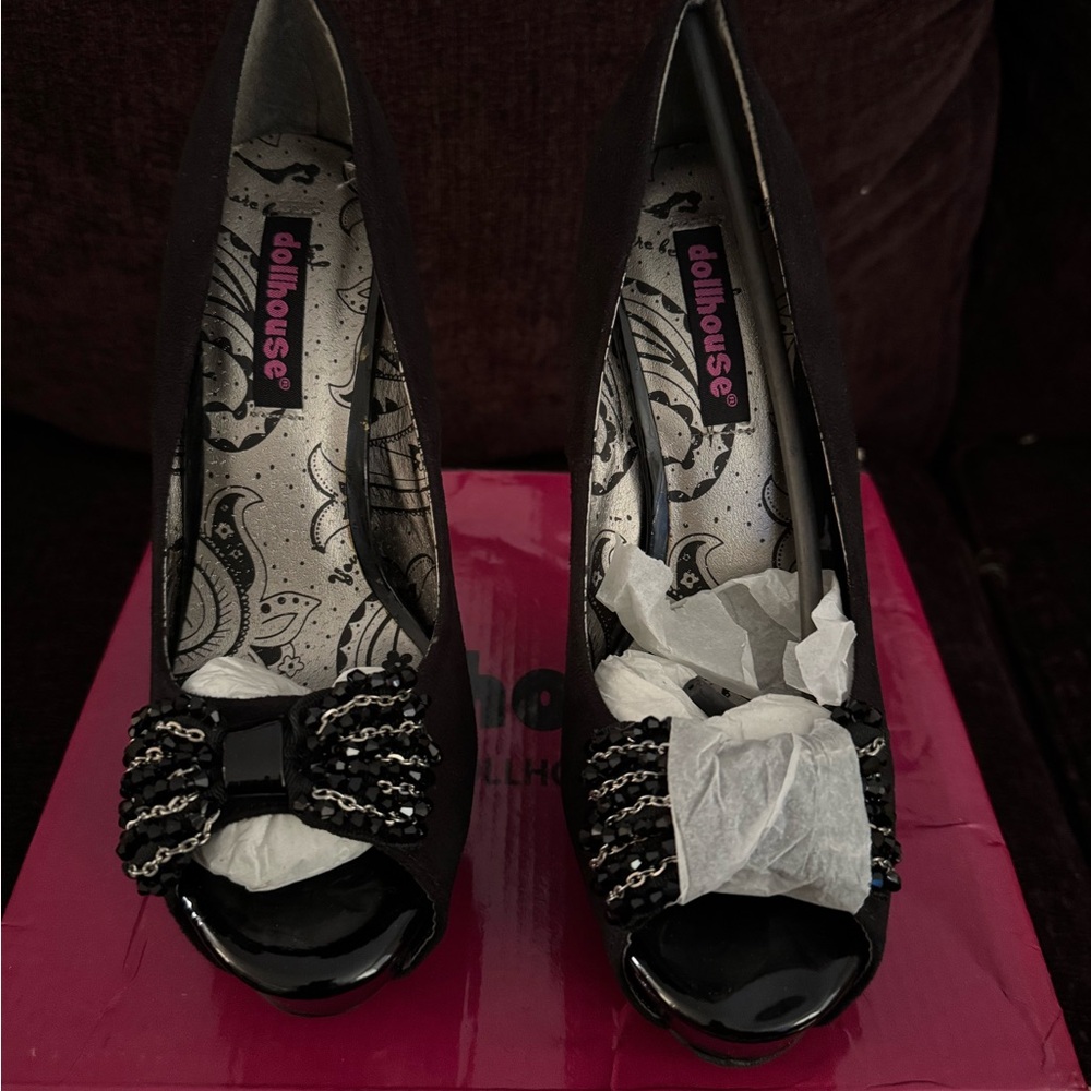 Dollhouse Black Peep-Toe Heels with Sequin Bow Accent